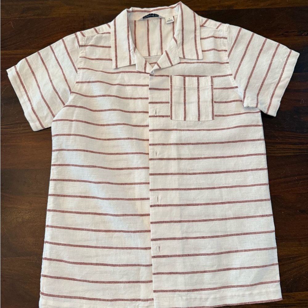 Janie and Jack linen White Short-Sleeve Button-Down with Red Stripes boys size 8